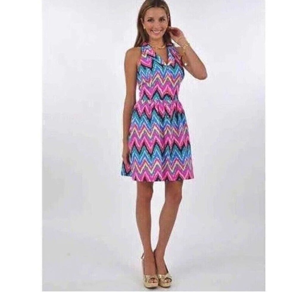 Lilly Pulitzer Women Pink‎ Blue Chevron Ikat Sleeveless V-Neck Pocket Dress Sz 2